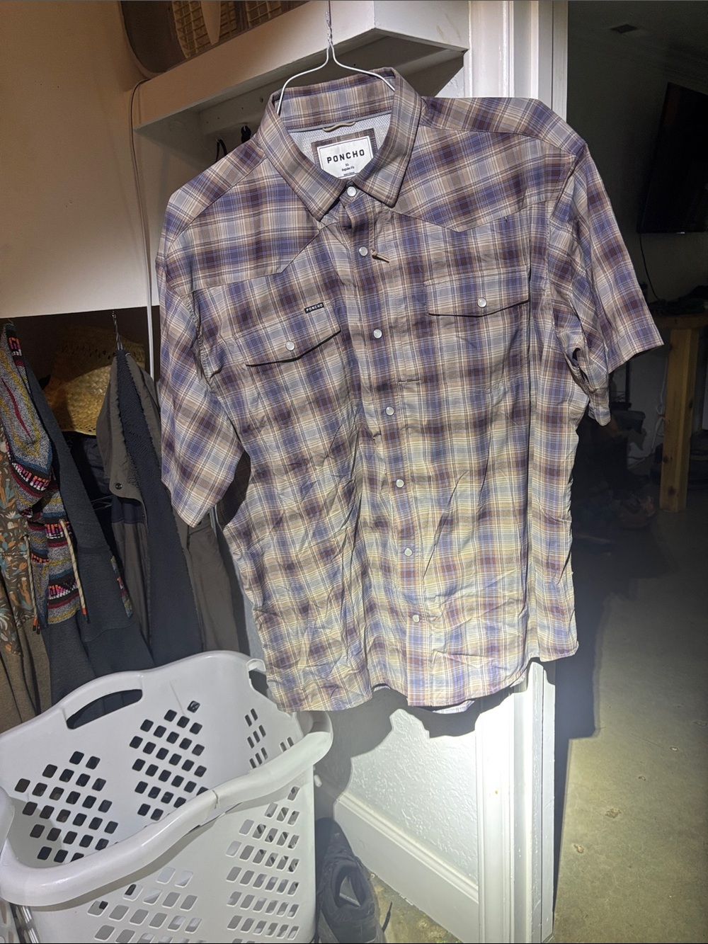 Poncho Short-Sleeve Plaid Button-Down Shirt - Purple & Brown